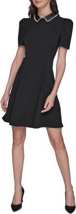 Karl Lagerfeld Faux Pearl Detail Crepe Fit & Flare Minidress in Black at Nordstrom, Size 12