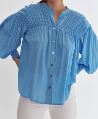 Entro Sara Pleated Detail Long Sleeve Button Up Blouse In French Blue