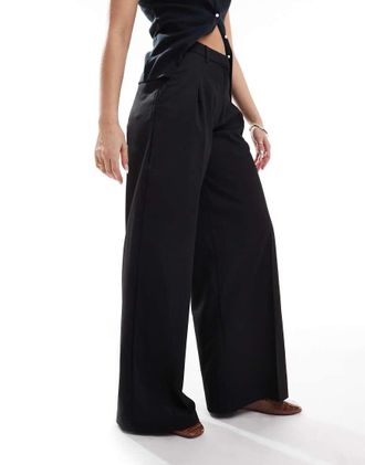 Monki high rise wide leg pants with front pleat in black