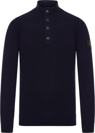 Stone Island Wollen Gebreide Trui met Knopen - Heren - Coltruien - Blauw - XL - Wol - Truien & Vesten