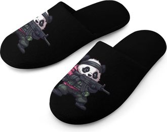 Generic Cute Panda Bear Shooting Mens Flannel Slipper Soft Non Slip House Shoes Comfy Winter Warm Indoor Outdoor Slippers