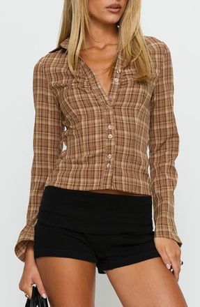 Princess Polly Arianwyn Plaid Button-Up Shirt in Brown Check at Nordstrom, Size 10
