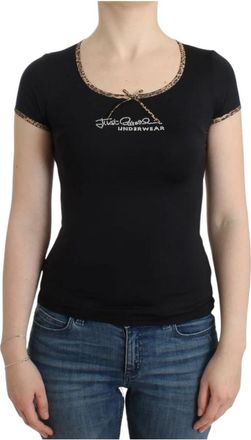 Roberto Cavalli Zwarte Top met Luipaarddetails - Dames - T-shirts - Zwart - XL - Nylon - Tops