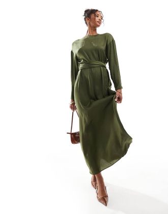 Asos satin long sleeved tie detail maxi dress in khaki-Green