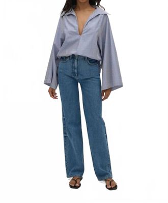Faithfull The Brand Gaia V Neck Top In Helle Stripe Vintage Navy