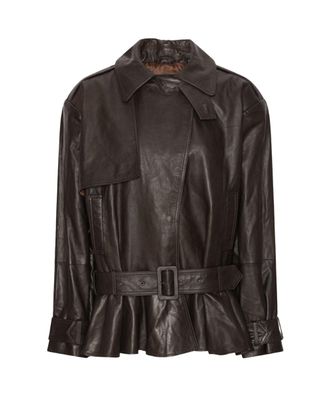 Rotate Structured Brown Biker Jacket with High Collar and Buckle Details