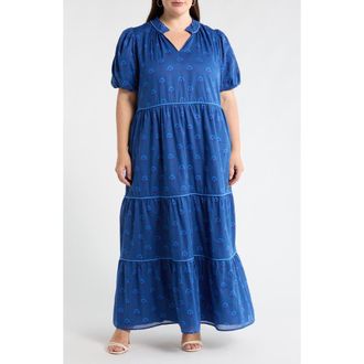 Sugarlips Briza Medallion Renley Tiered Maxi Dress in Teal-Blue at Nordstrom, Size 3X