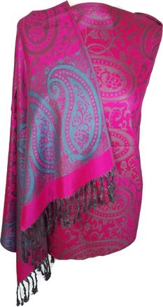 World of Shawls Ladies Floral Paisley Bordered Pashmina Feel Shawl Scarf Wrap Stole Luxuriously Warm Soft and Silky Touch (Hot Pink/Turquoise)