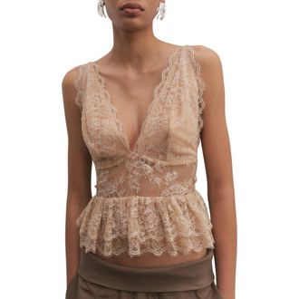 Mango Amor Plunge Neck Ruffle Trim Lace Top in Light Beige at Nordstrom, Size Medium