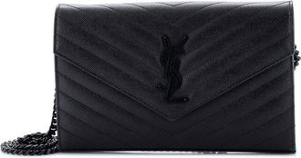 Saint Laurent Black Matelasse Chevron Leather Classic Monogram Wallet On Chain Medium (Authentic Pre-Loved)