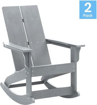 Flash Furniture All-Weather 2-Slat Poly Resin Rocking Adirondack Chair in Gray - Set of2