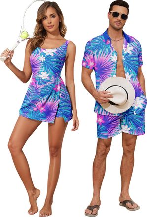 Generic Couples Matching Hawaiian Outfits Beach Vacation Tropical Print Swimsuit Women One Piece Swimwear or Men Shirt Suit-W