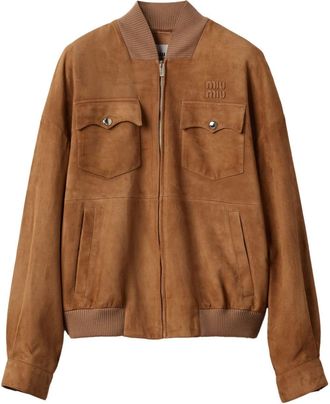 Miu Miu logo-lettering suede jacket - women - Suede - 40 - Brown