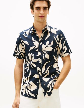 Tommy Hilfiger Mens Tommy Hilfiger Linen Blend Flower Print Mens Short Sleeve Shirt - Dark Night Navy/Allover - Dark Night Navy Allover - Size: 40/Regular