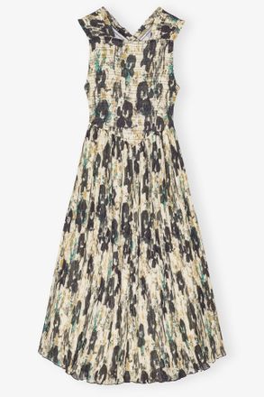 Ganni Printed Pleats Smock Midi Straps Dress - Size 10/12 Beige