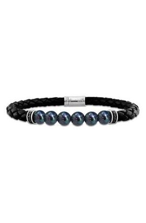 Delmar Mens Black Cultured Freshwater Pearl Diamond Braided Leather Bracelet - 0.26ct. at Nordstrom Rack