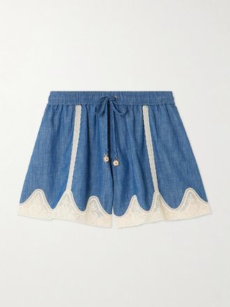 Zimmermann Shorts In Denim Con Finiture In Pizzo Awaken - Blu