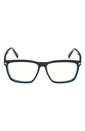 Tom Ford 56mm Square Blue Light Blocking Glasses in Black Eco /T Logo at Nordstrom