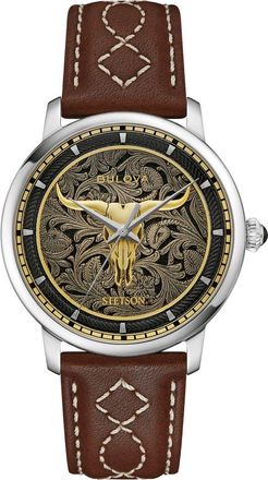 Bulova x Stetson Longhorn Automatic Leather Strap Watch, 39mm in Gold-Tone at Nordstrom
