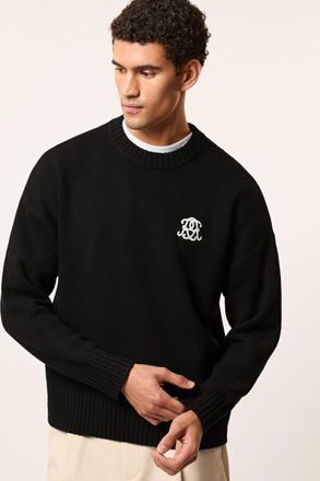 Reiss Black Monogram Embroidered Relaxed Jumper Wool, 2XL