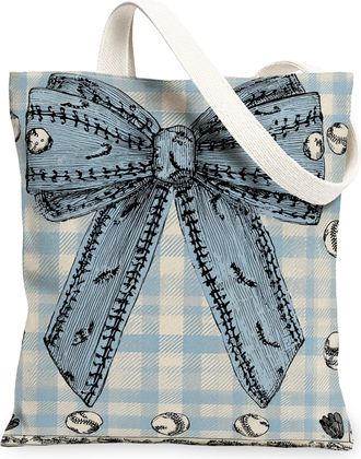Generic Blue Plaid Canvas Tote Bags, Stylish Bow Pattern Reusable Grocery Bags, Spring Vintage Lightweight Washable Shoulder Strap, Blue, 13x15 Inch
