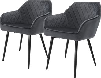 ML Design Ml-design - Set 2x Sillas De Comedor Antracita Estilo Moderno Asiento Tapizado Aspecto De Terciopelo Patas De Metal Negras Con Respaldo Y Apoyabrazos 
