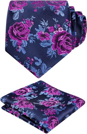 Alizeal Mens Floral Pattern Tie with Pocket Square Classic Casual for Party Wedding Necktie and Hanky Set, Navy+Magenta