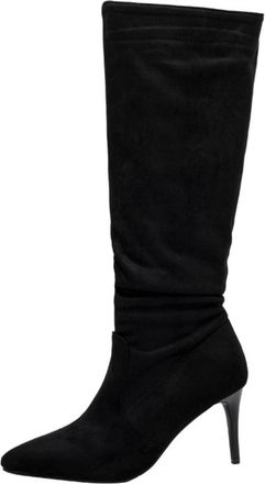 Generic Womens Slouchy Knee-High Boots Suede-Like Pointed Toe Stiletto Heels Elastic Fit Slip On Evening Party Night Out Non-Slip Boots,Black,6.5 UK