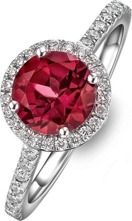 The Diamond Store Astra 3.60ct Lab Ruby and Diamond Halo Shoulder Set Round Cut Ring in Silver