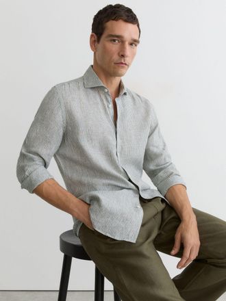 Reiss Dark Sage & white Fine Ruban Linen Long-sleeve Shirt Regular-fit, Xxl, Stripe