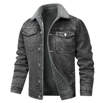 Generic Mens Fleece Lined Denim Jacket Winter Thick Warm Coat for Men Sherpa Lined Outdoor Outwear Button Down Lamb Windbreaker Jean Jackets Faux Fur Collar C