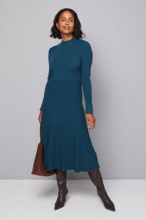 Wallis Womens Button Cuff Detail High Neck Pleated Knitted Midaxi Dress - Teal Viscose - Size X-Large