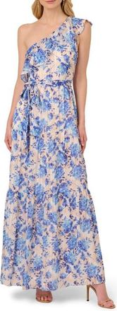 Adrianna Papell Metallic Ruffle One-Shoulder Maxi Cocktail Dress in Champagne/Blue Multi at Nordstrom, Size 14