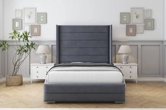 Sloomy Sterling Plush Bed Frame With 50 Upholstered Wingback Headboard in Dark Grey | Size: Small Single