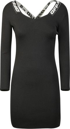 Off-white Zwarte Geribbelde Jurk met Gekruiste Bandjes - Dames - Korte kleedjes - Zwart - M - Polyester - Kleedjes