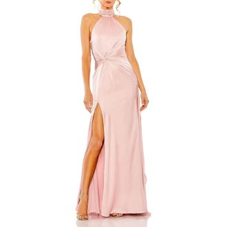 Mac Duggal Open Back High Neck Side Ruched Gown in Shell Pink at Nordstrom, Size 10