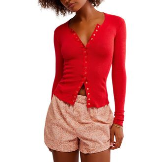 Free People Going Places Pointelle Stitch Snap Front Top in Cherry Crush at Nordstrom, Size X-Small