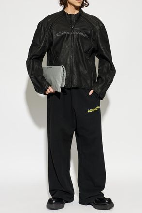 Balenciaga Leather Jacket With Logo, Mens, Black