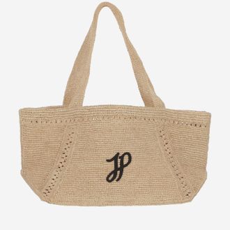 Patou Womens Large Raffia Bag With Logo Beige Shoulder