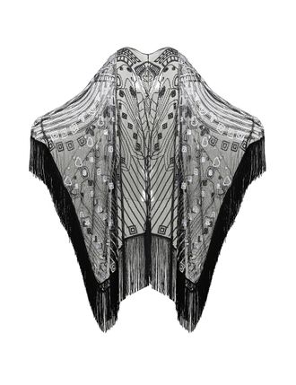 Babeyond 1920s Sequin Beaded Shawl Wraps Fringed Evening Cape Scarf for Wedding, Black With Silver Sequins, One Size