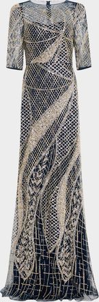 Teri Jon Art Deco Bead & Sequin Tulle Gown