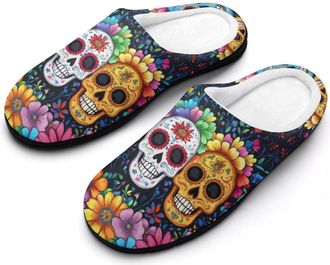 Generic Day of The Dead Skull Flower Womens Slippers Warm House Slippers Indoor House Shoes with Anti-Skid Rubber Sole