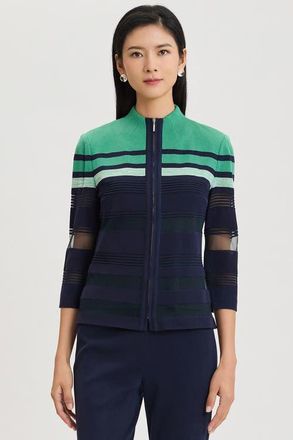 Ming Wang Heritage Zip-Front Sheer Knit Jacket in Kelly Green/indigo/ivory at Nordstrom, Size X-Large