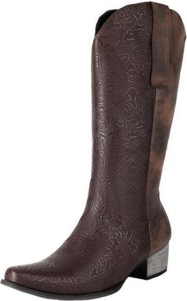Generic Womens Pull on Western Cowboy Boots Pointed Toe PU Leather Knee High Boots Block Heel Long Boots with Embossed Floral,Dark Brown,7.5 UK