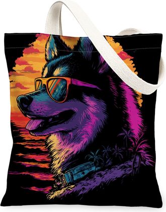 Generic Summer Alaskan Malamutes Dog Canvas Tote Bag for Shopping 13x15, Cool Beach Coastal Puppy Reusable Grocery Print Pattern Bag for Women, Retro Pet Beac