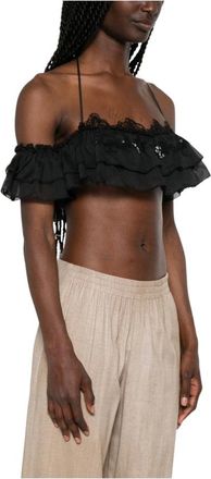 Ermanno Scervino Sleeveless Tops, female, Black, Size: M Ruffled Halterneck Crop Top