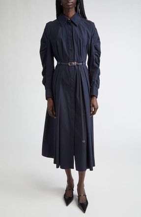 Max Mara Valdese Ruched Long Sleeve Cotton Shirtdress in Navy at Nordstrom, Size 14