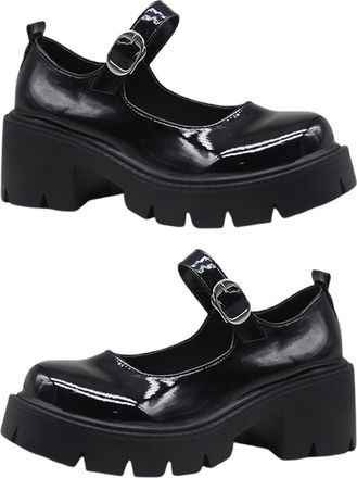 Generic HEALEEP Womens Chunky Heel Buckle Strap Shoes, Platform Round Toe Lady Shoes for Spring Autumn, 39 UK, Glossy Finish, Casual Block Heels Suitable for 