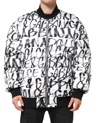 Dolce & Gabbana Mens White Black Graffiti Logo Puffer Bomber Jacket Polyester Clothing