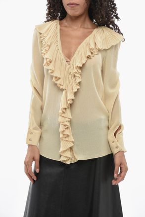 Saint Laurent Blusa in Seta Crepe con Volant Saint Laurent